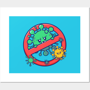 Cute Virus Cartoon With Stop Sign Cartoon (2) Posters and Art